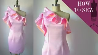 How To Sew A One Shoulder Satin Ruffle Dress [upl. by Ahsekel]