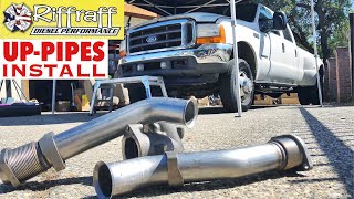 2001 F350 73  RiffRaff UpPipes Install  Stock up pipes leaking and falling apart JUNK SP [upl. by Alfi]